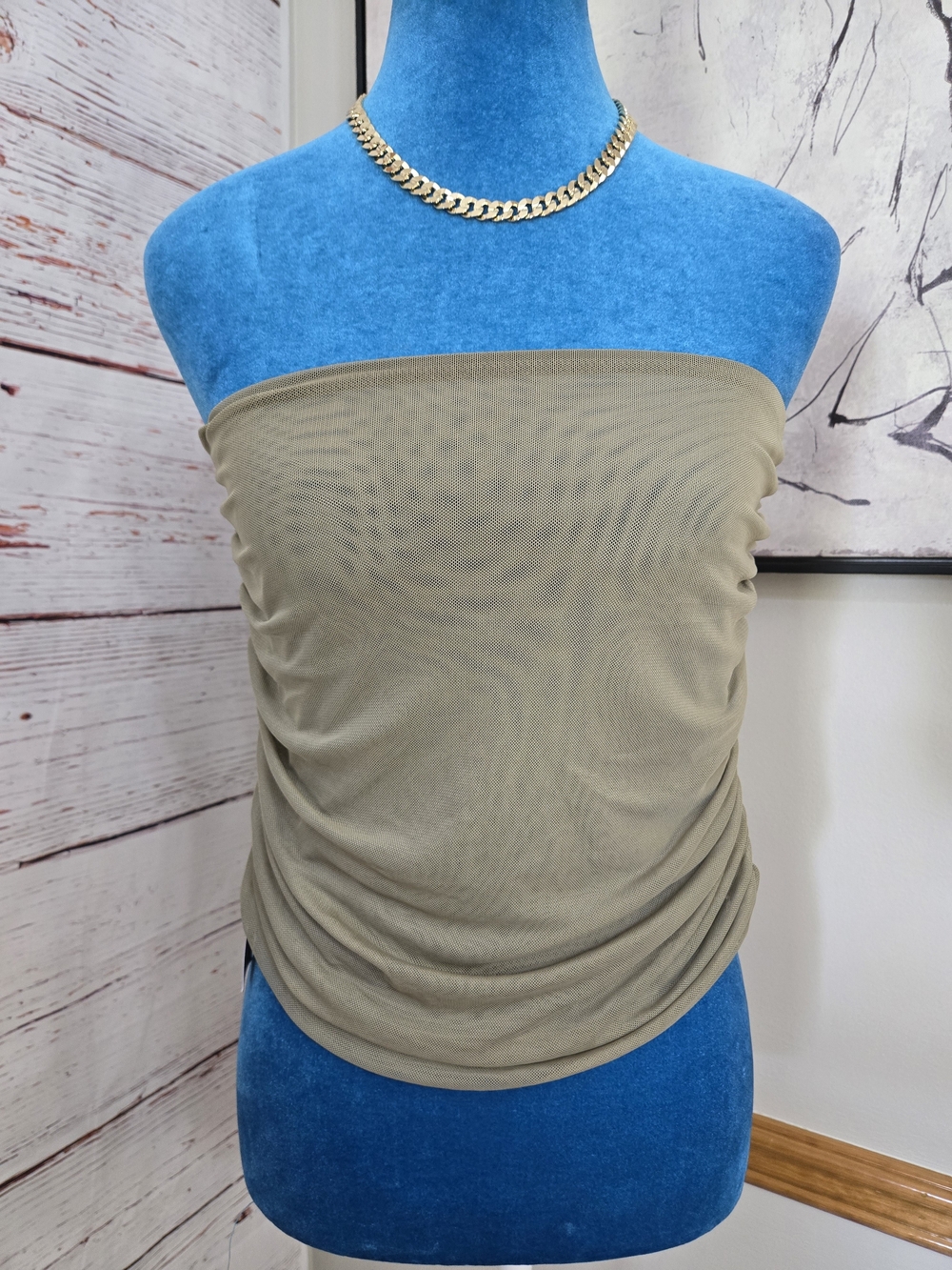 NWT PrettyLittleThing Mushroom Mesh Ruched Bandeau Top Size 4